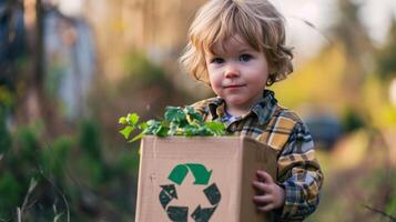 ai generado chico participación un cartulina caja con el reciclar símbolo foto