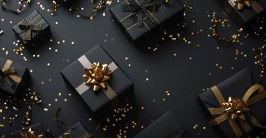 AI generated black gift boxes and gold confetti on black background photo