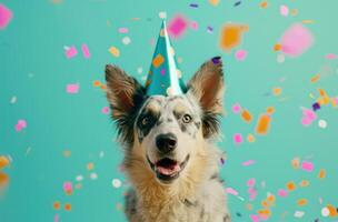 ai generado cumpleaños de perro con fiesta sombrero y papel picado foto