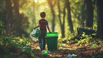 ai generado un chico participación un vacío reciclaje caja y reciclaje compartimiento foto