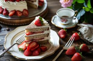 AI generated cake on a plate with strawberries and coffee photo