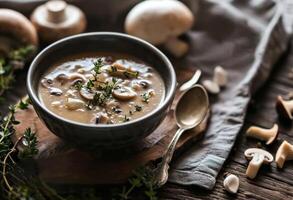 AI generated a bowl of mushroom soup set on a wooden table photo