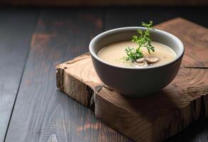 ai generado un cuenco de seta sopa conjunto en un de madera mesa foto