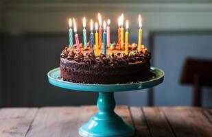 ai generado un chocolate cumpleaños pastel con iluminado velas en eso sentado en un azul estar foto