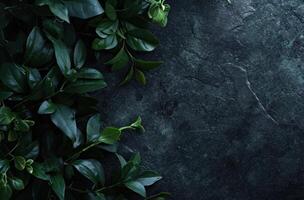 AI generated black stone background with leaves photo