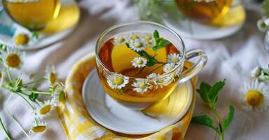 AI generated chamomile tea and mint on white plates photo