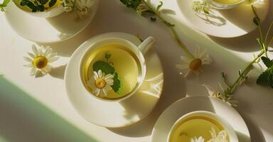 AI generated chamomile tea and mint on white plates photo