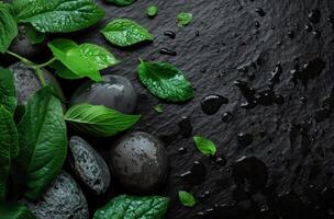 AI generated black background with green leaves and stones photo