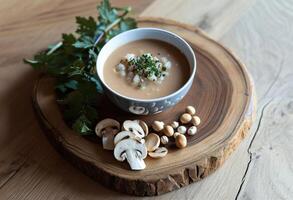AI generated a bowl of mushroom soup set on a wooden table photo