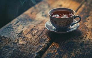 ai generado un taza de negro té en un de madera antecedentes foto