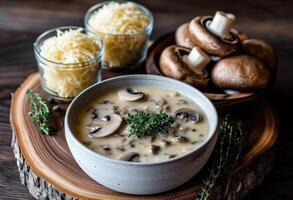 ai generado un cuenco de seta sopa conjunto en un de madera mesa foto