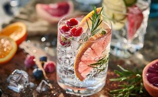 ai generado un infusión de cítricos Ginebra y tónico con Fruta para el mesa foto