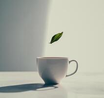 AI generated a cup with a leaf in the air photo