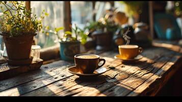 AI generated Morning scene with freshly brewed cups photo