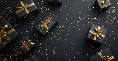 AI generated black gift boxes and gold confetti on black background photo