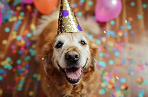 ai generado un perro en un fiesta sombrero es soplo un silbar foto