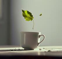 AI generated a cup with a leaf in the air photo