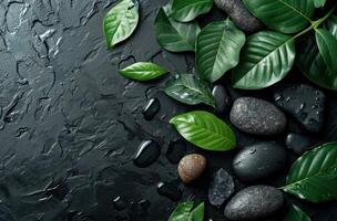 AI generated black background with green leaves and stones photo