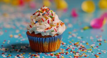 AI generated a cupcake in front of a numbered birthday party flag photo