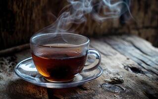 AI generated a cup of black tea on a wooden background photo