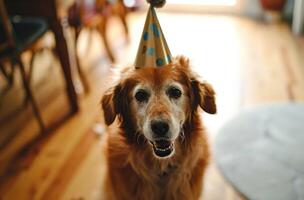 ai generado un perro en un fiesta sombrero es soplo un silbar foto