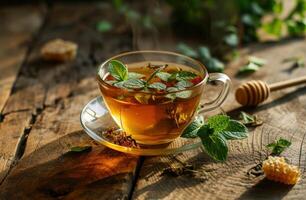 AI generated a cup of honeyinfused tea sitting next to mint leaves photo