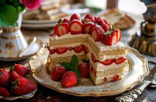 ai generado un postre plato lleno de pastel con fresas foto