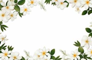 AI generated a frame of white flowers, stems and leaves surrounds photo