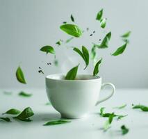 ai generado un taza de té con verde hojas arrojado desde el taza foto