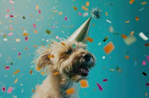 ai generado un perro en un fiesta sombrero es soplo un silbar foto