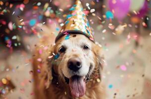 ai generado un perro en un fiesta sombrero es soplo un silbar foto