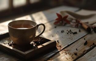 ai generado un taza de té con especias sentado en un de madera bandeja foto