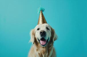 ai generado un perro en un fiesta sombrero es soplo un silbar foto