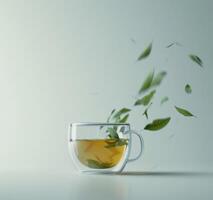 ai generado un taza de té con verde hojas arrojado desde el taza foto