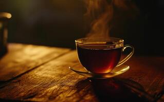 ai generado un taza de té sentado en un mesa con negro antecedentes foto