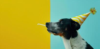 ai generado un perro en un fiesta sombrero es soplo un silbar foto