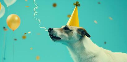 ai generado un perro en un fiesta sombrero es soplo un silbar foto