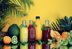 ai generado un grupo de jugo jugo botellas con varios frutas rodeando ellos foto