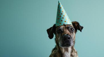 ai generado un perro en un fiesta sombrero es soplo un silbar foto