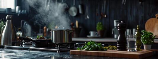 ai generado un moderno cocina con todas el ingredientes un cocinero podría pedir para foto