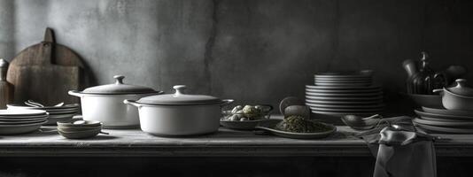 AI generated a kitchen with two pots and other dishes photo