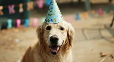 ai generado un dorado perdiguero vistiendo un cumpleaños sombrero foto