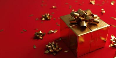 AI generated a gold gift box with ribbon resting on a red background photo
