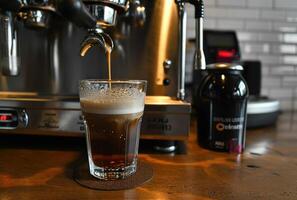 ai generado un taza de café es vertido en un Café exprés bar foto