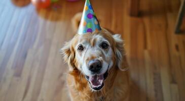 ai generado un dorado perdiguero vistiendo un cumpleaños sombrero foto