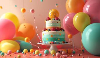 AI generated a colorful cake stands on a table with balloons photo