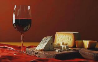 AI generated a glass of wine and cheese with a red background photo