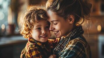 ai generado un madre y hijo sonriente juntos a hogar foto