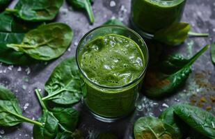 ai generado un vaso de verde zalamero con Espinacas hojas alrededor eso foto