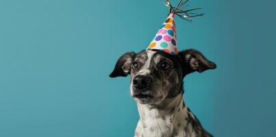 ai generado un perro en un fiesta sombrero es soplo un silbar foto